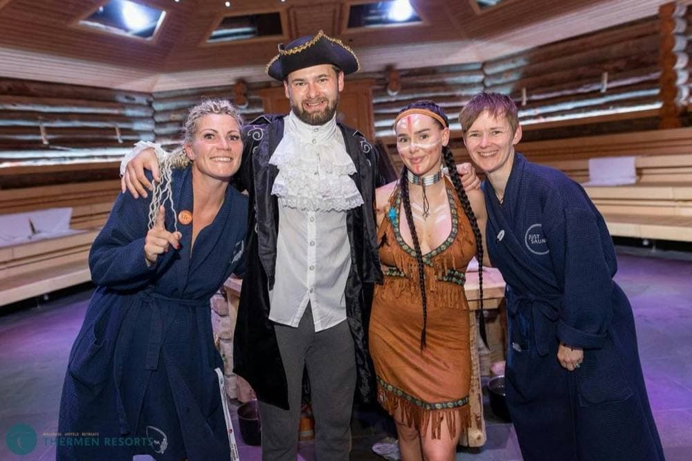 Guests in navy waffle bathrobes